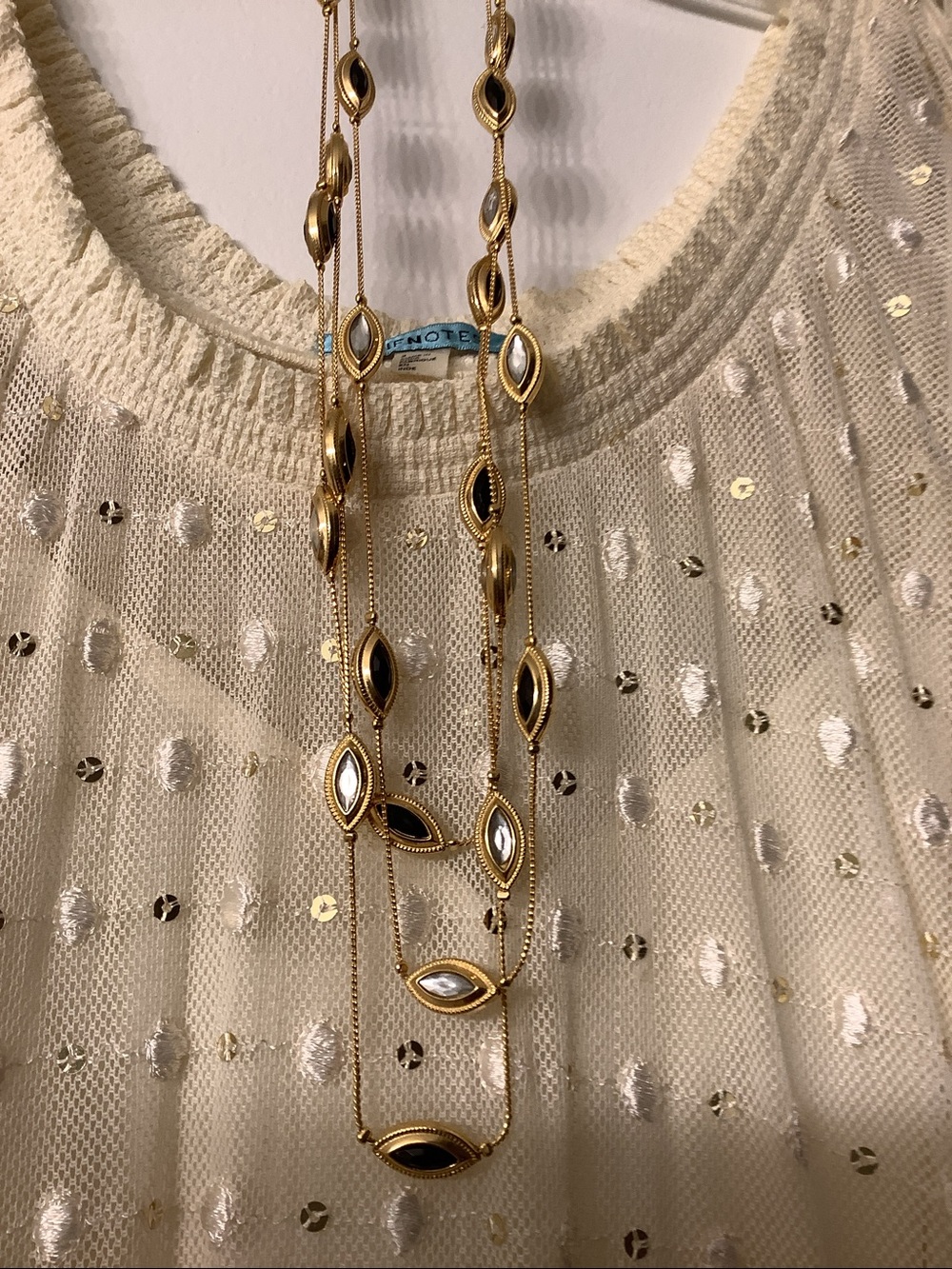 Vintage Gold-Tone Multi-Station Necklace with Black and White Marquise Cabochons